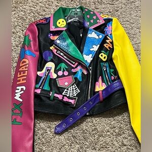 Black and Pink Leather Jacket with Unique Design and Biker Style